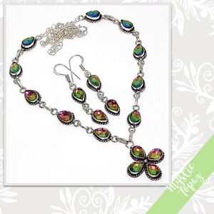 Rainbow Mystic Topaz Floral Necklace + Dangle Drop Earrings, Magenta Pink, Green